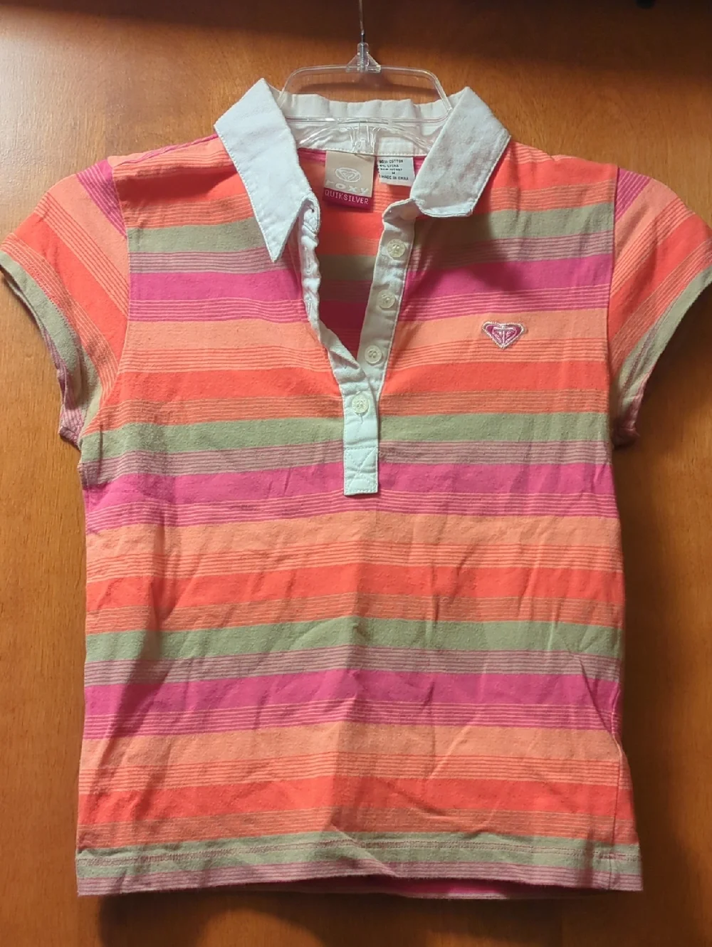 Roxy Striped Polo Shirt in Coral, Pink & Sage with White Collar - Picture 1 of 7